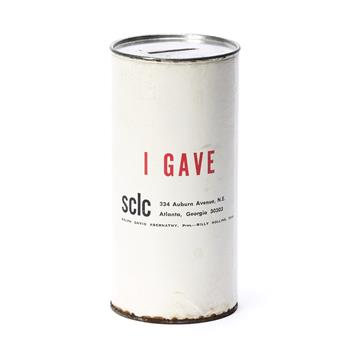 (CIVIL RIGHTS.) Donation can for the Southern Christian Leadership Conference, with an SCLC donation tag.